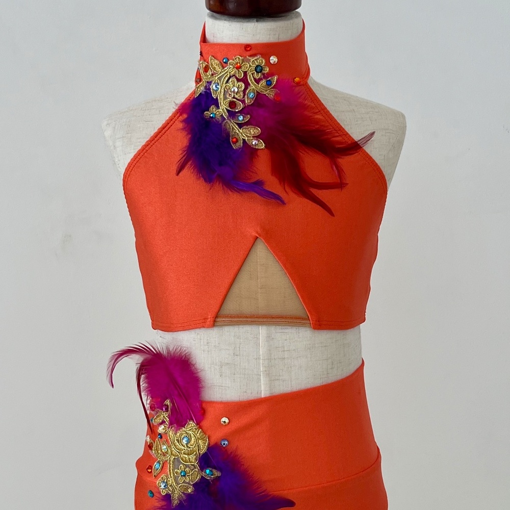 Dance Costume - CH LG 2 Piece Orange w/ appliques and feathers